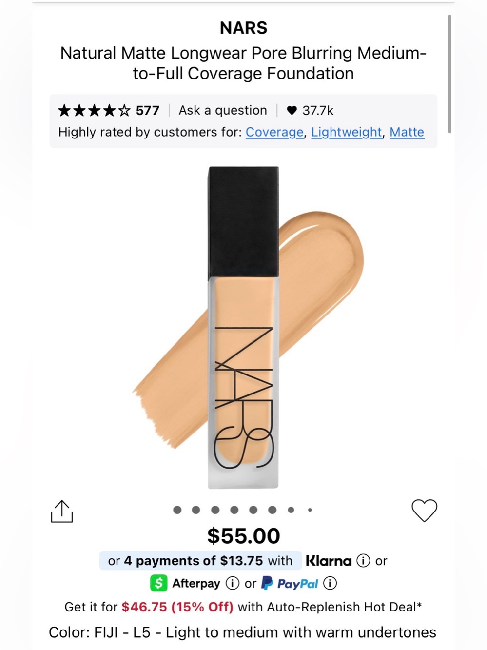 NEW NARS Natural Matte Longwear Foundation - Fiji